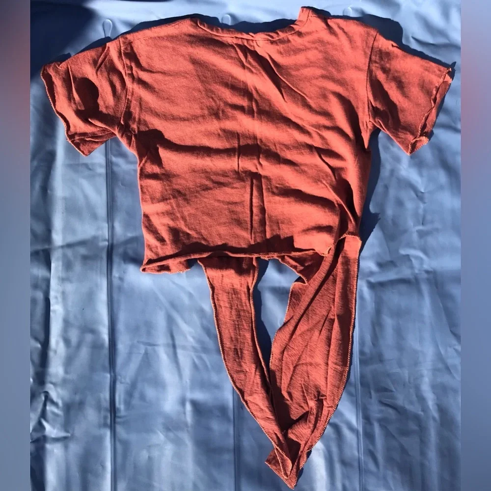 RARE Vintage THANK YOU Rusty Orange Asymmetrical Tie-Front Crop Tee - XS/S - Picture 4 of 6